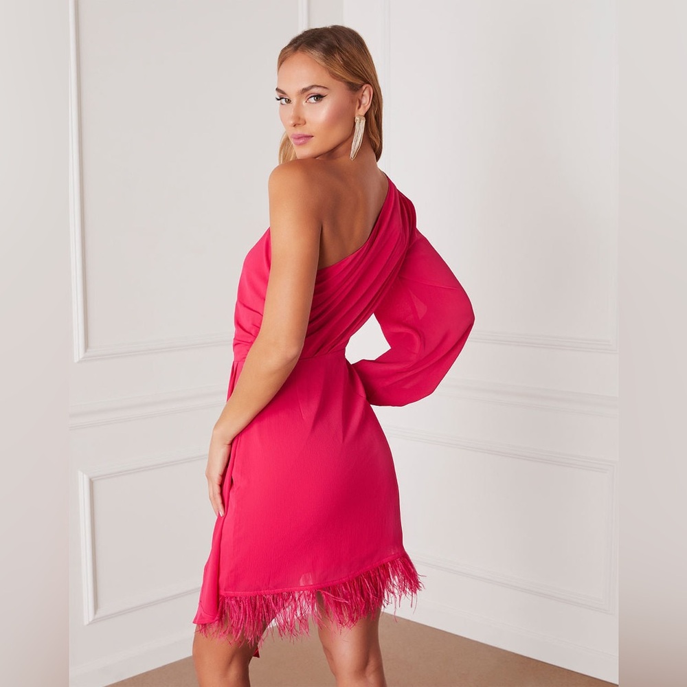VICI Gaze One Shoulder Feather Bold Hot Pink Mini Party Cocktail Dress - Large - Picture 2 of 8